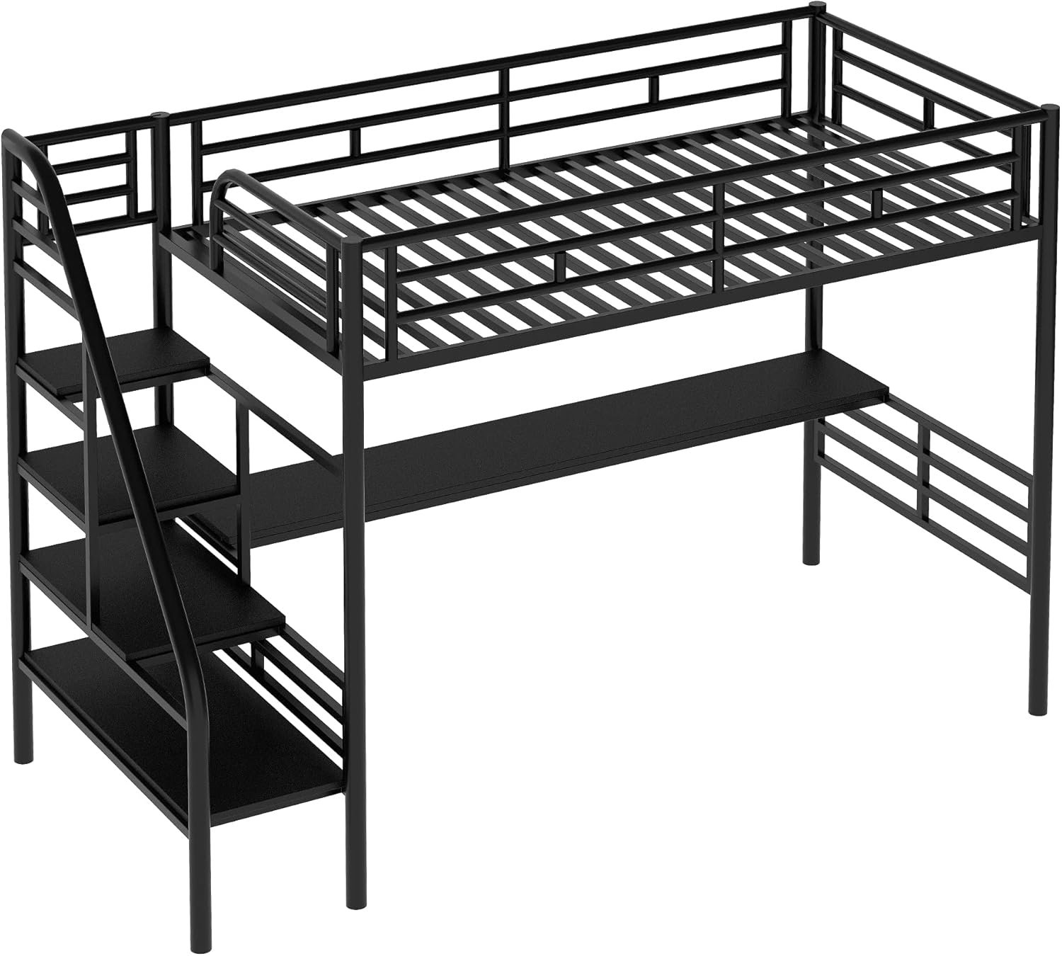 Twin Loft Bed with Desk and Storage Stairs, Heavy Duty Loft Bed with Atairs and Full-Length Guardrail