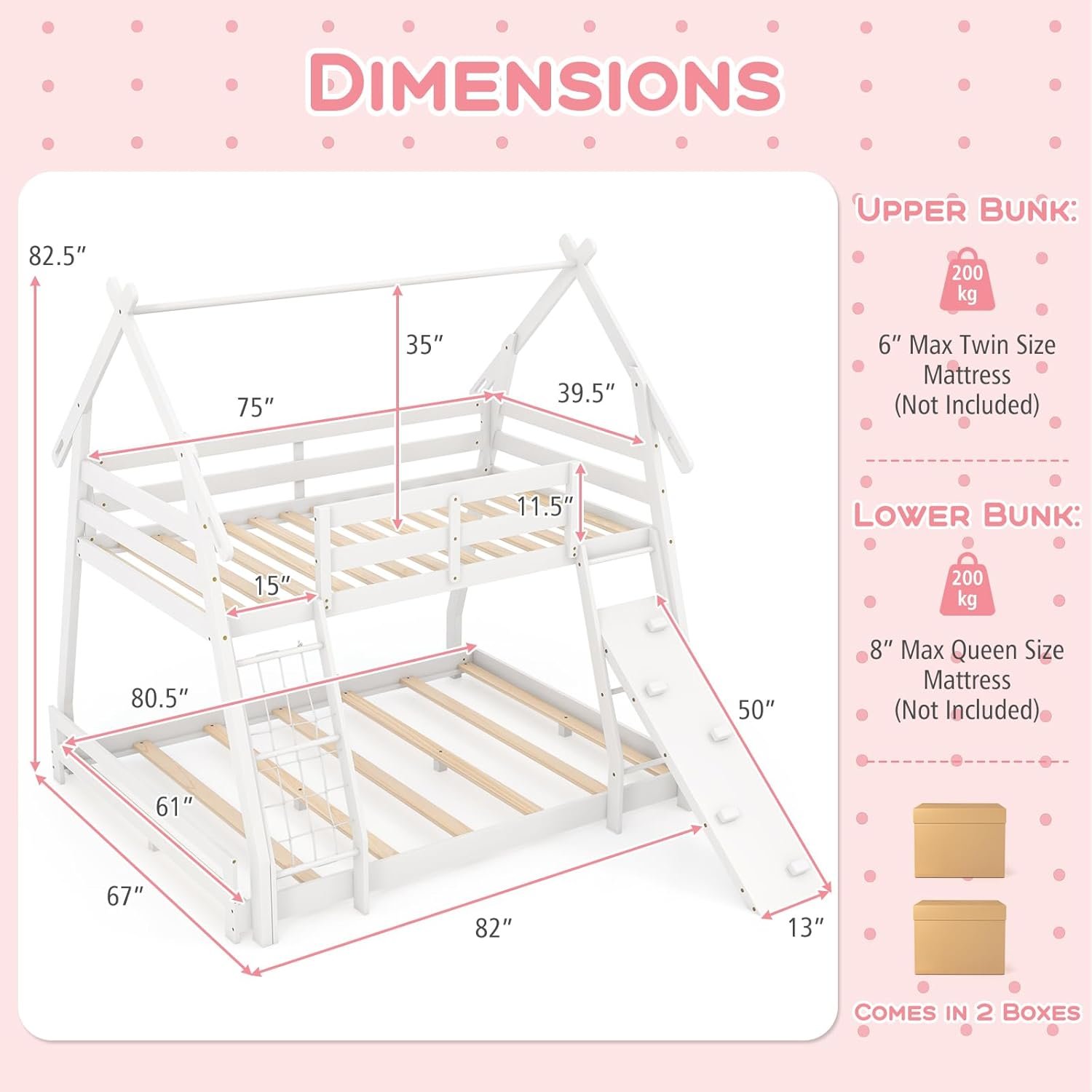 Twin Over Queen Bunk Bed, House Shaped Bed Frame with Climbing Nets and Ramp, Safety Guardrail