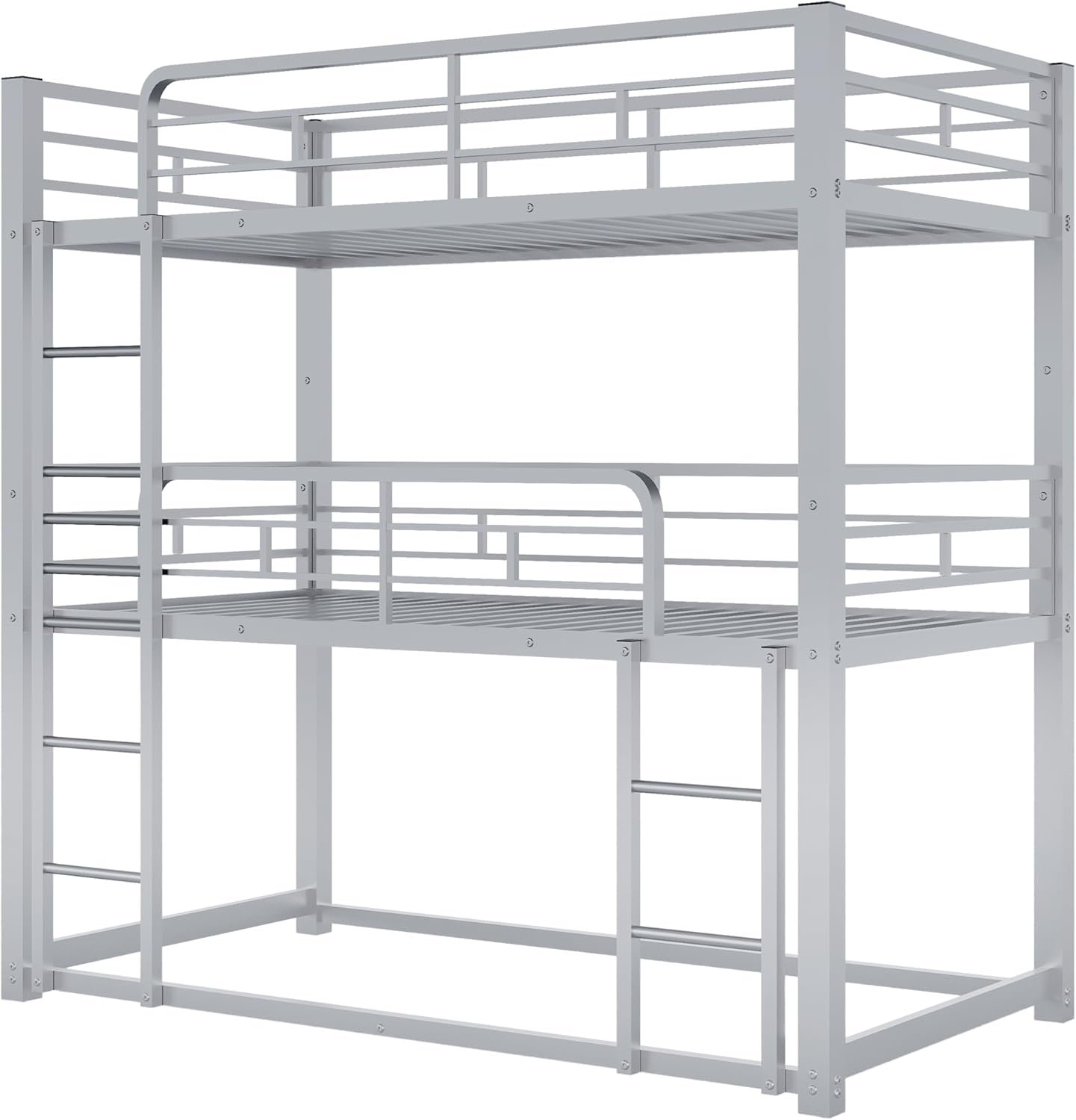 Heavy Duty Triple Bunk Bed Twin Over Twin Over Twin, Metal 3 Bunk Bed with 2 Ladder and Guardrail