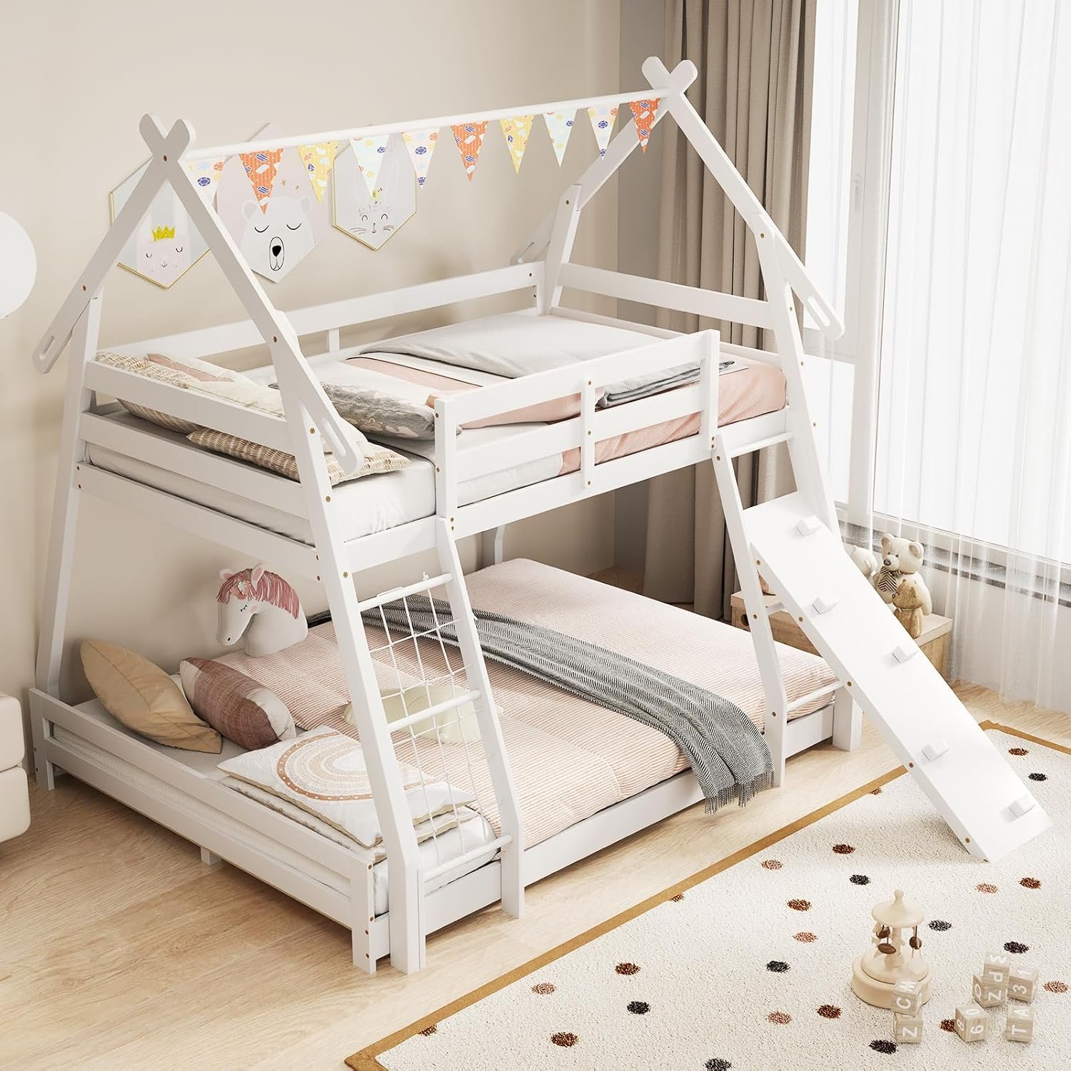 Twin Over Queen Bunk Bed, House Shaped Bed Frame with Climbing Nets and Ramp, Safety Guardrail